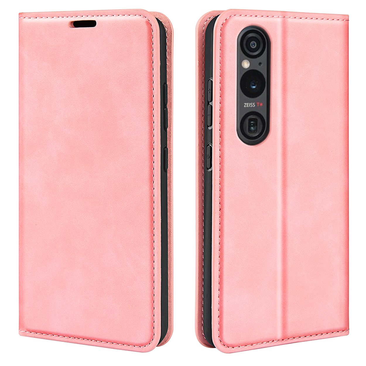 Roze telefoonhoes, voor- en achterkant. Telefoon zichtbaar. Cameralenzen zichtbaar.