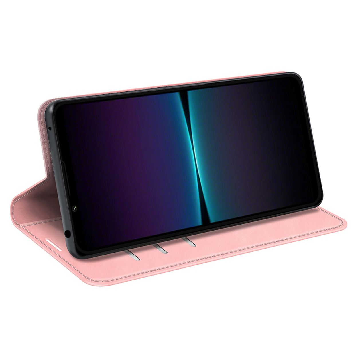 Roze telefoonhoes met telefoon en scherm met blauw licht.
