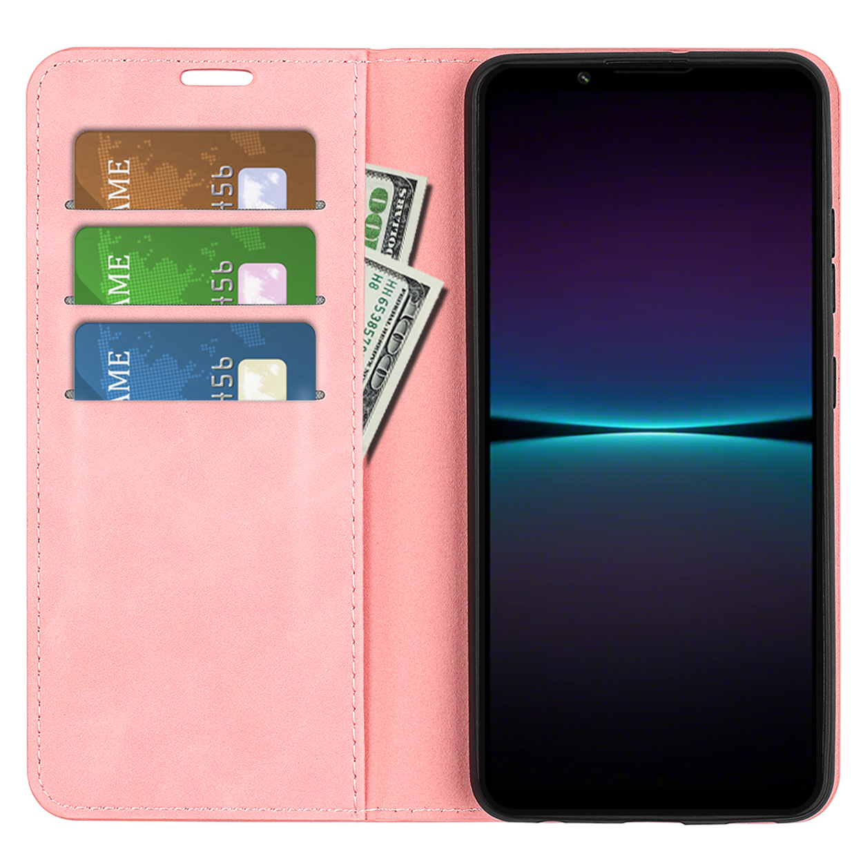 Roze leren telefoonhoes open, met kaarten en geld zichtbaar, en telefoon erin.