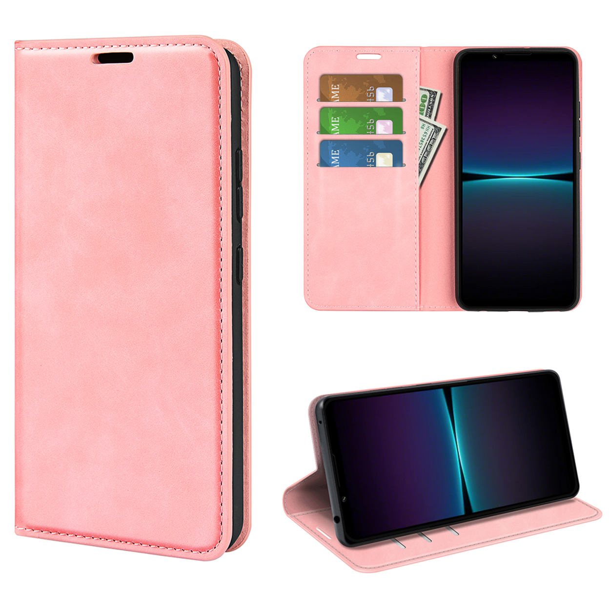 Roze leren telefoonhoes met telefoon erin. Hoes is open en dicht, toont kaarten en contant geld.