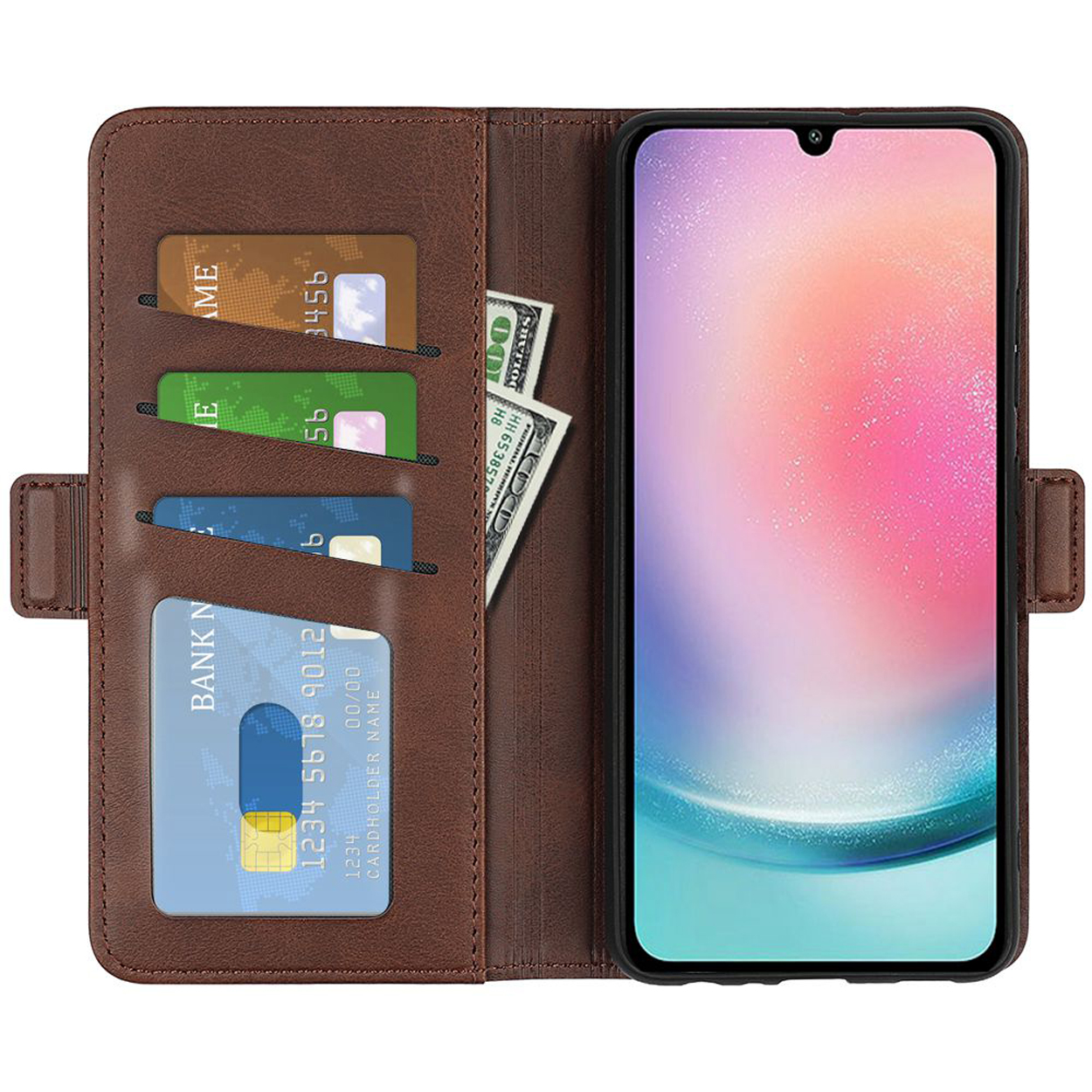 Étui portefeuille en cuir marron ouvert. À l'intérieur se trouvent un téléphone, des cartes de crédit et des billets de dollar US.