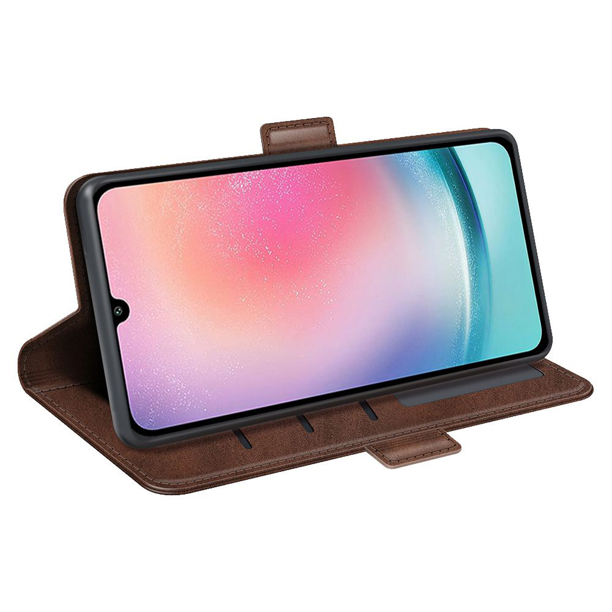 Étui de téléphone marron avec un téléphone affichant un écran. Le téléphone est ouvert.