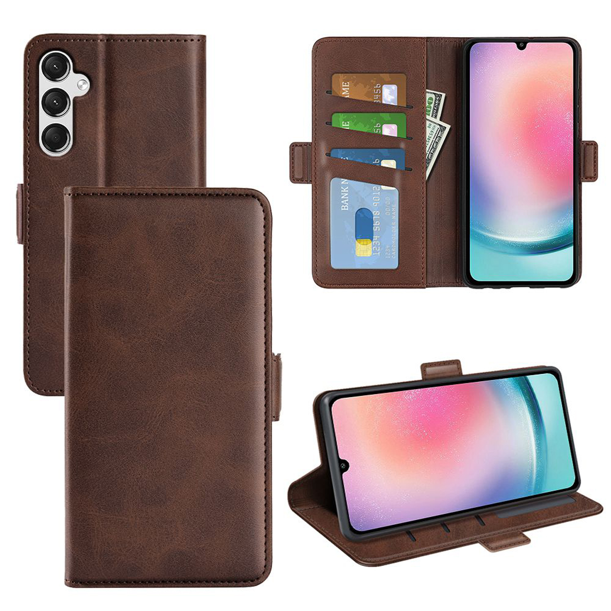 Portefeuille de téléphone en cuir marron ouvert, affichant cartes de crédit, argent et écran du téléphone.