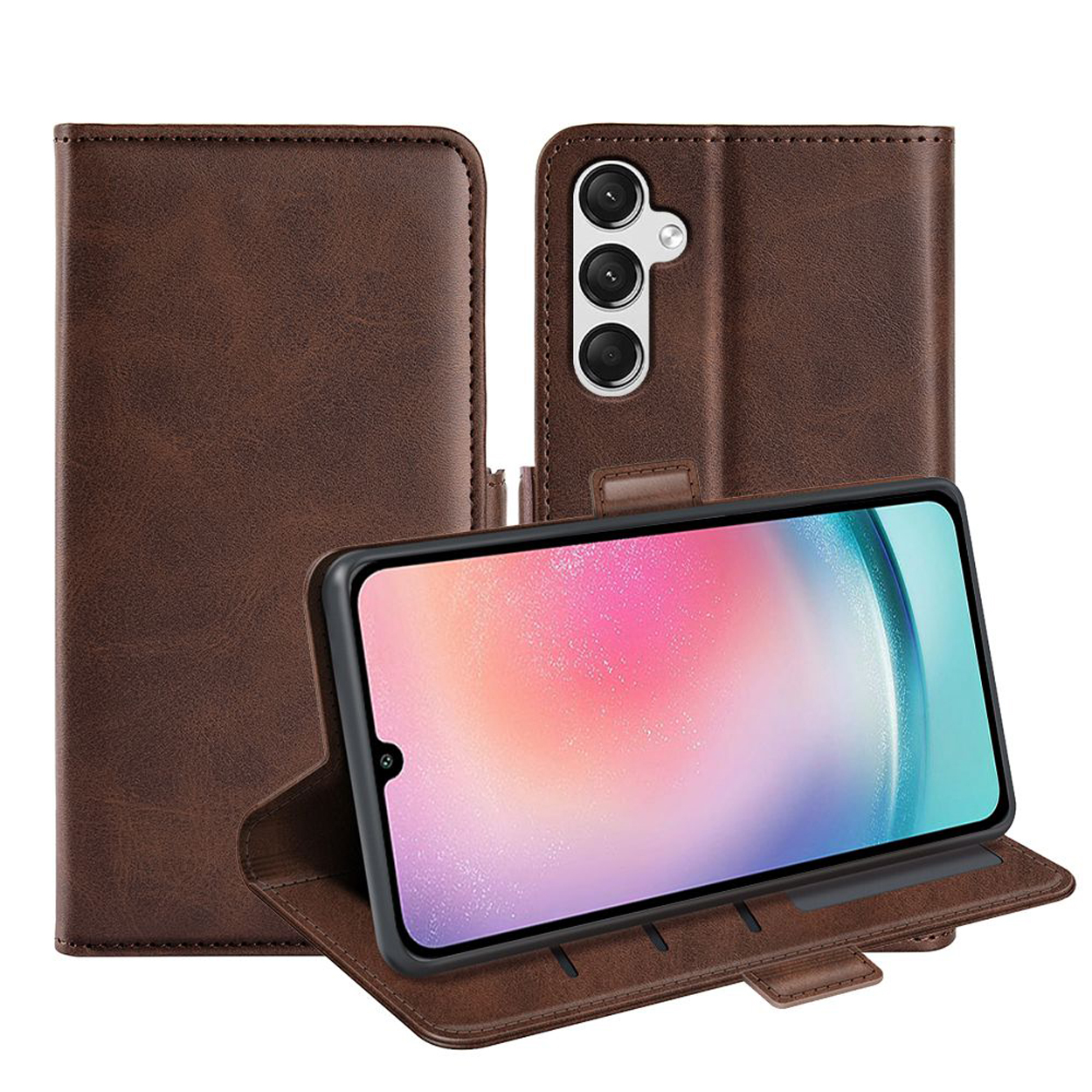 Un étui de téléphone marron est ouvert, avec un téléphone à l'intérieur. L'écran du téléphone affiche une image colorée.