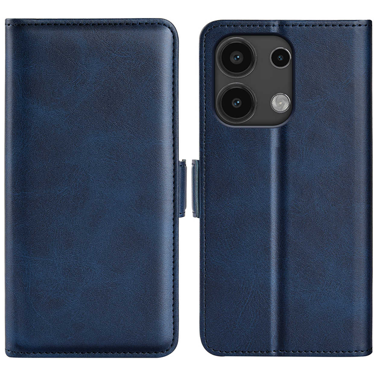 Blauwe leren telefoonhoes, open en dicht, met de telefoon en camera's.