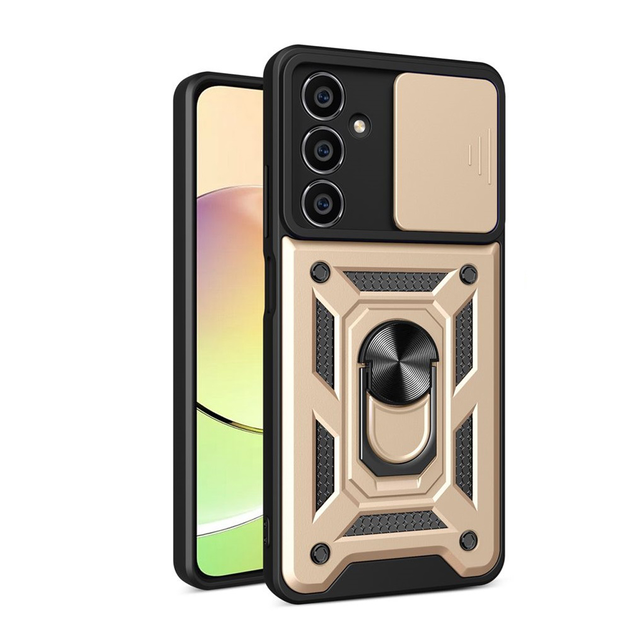 Gouden en zwarte telefoonhoes met camerabeschermer en ringhouder.