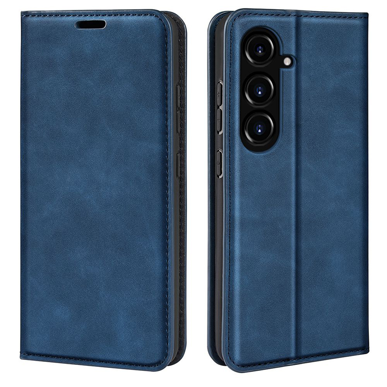 Étui de téléphone en cuir bleu, fermé et ouvert, montrant le téléphone et le design de l'étui.