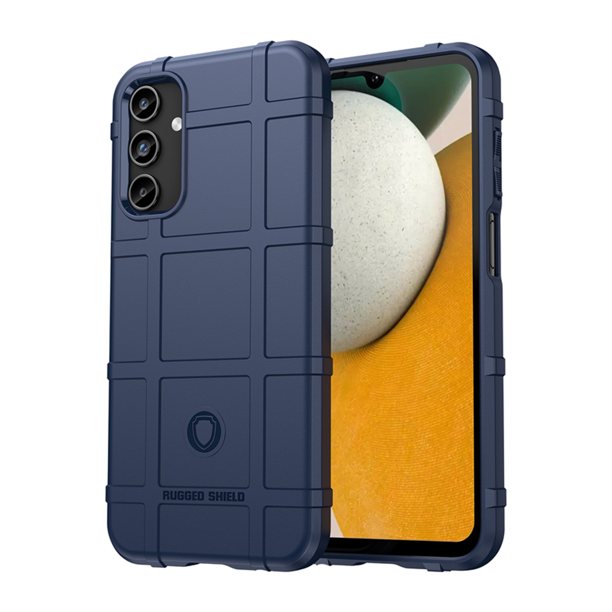 Étui de téléphone bleu avec motif carré, tenant un téléphone. Le téléphone affiche un écran.