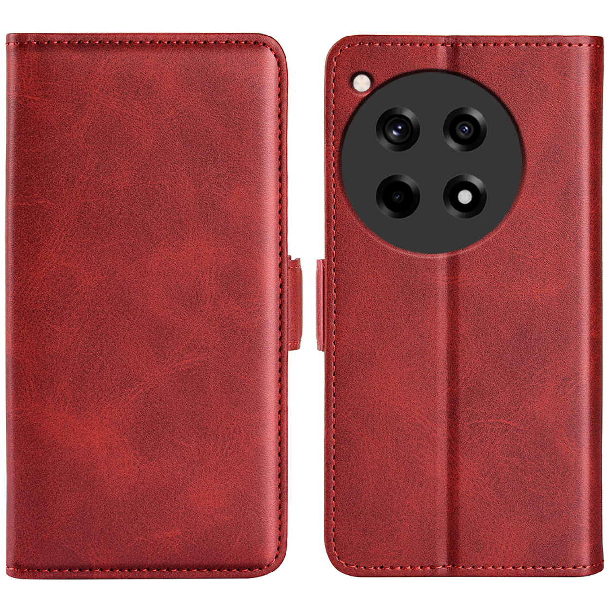 Étui de téléphone en cuir rouge, ouvert et fermé, montrant le téléphone avec des caméras.