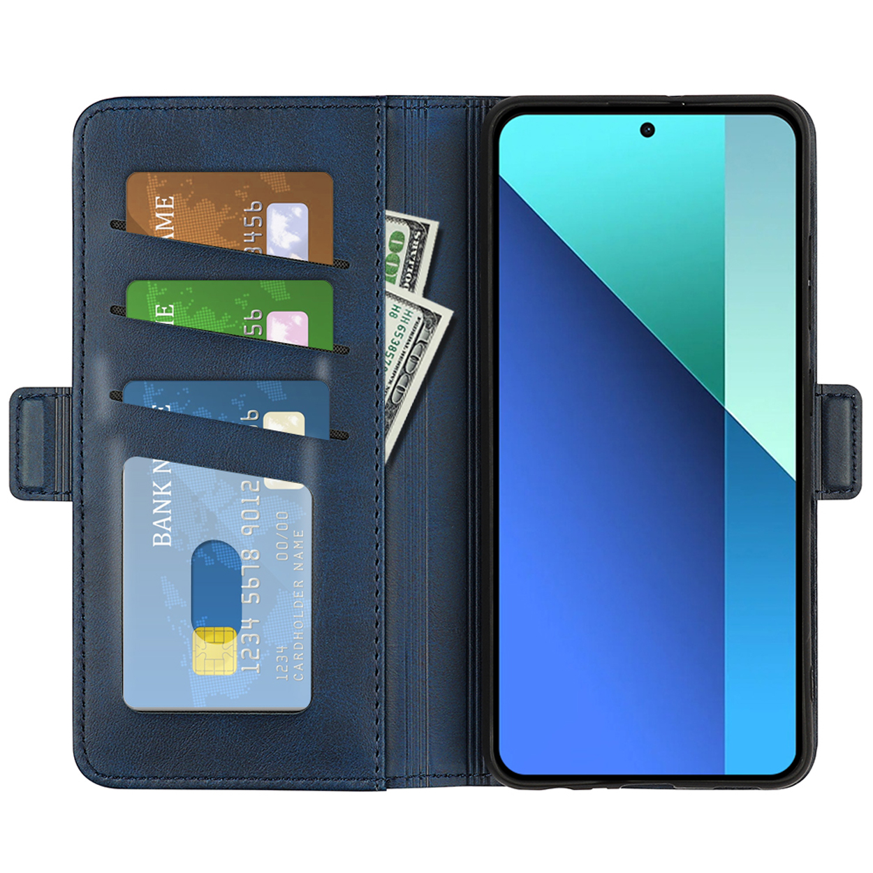 Blauwe telefoonhoes open met telefoon, kaarten en geld.