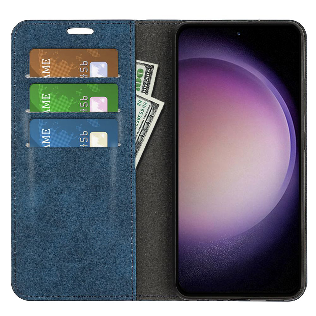 Un étui de téléphone bleu est ouvert, affichant un téléphone, des cartes et de l'argent. L'étui comporte des fentes pour cartes.
