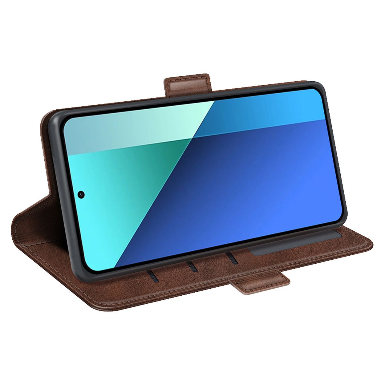 Étui de téléphone marron avec un téléphone affichant un écran bleu et blanc. Téléphone ouvert.