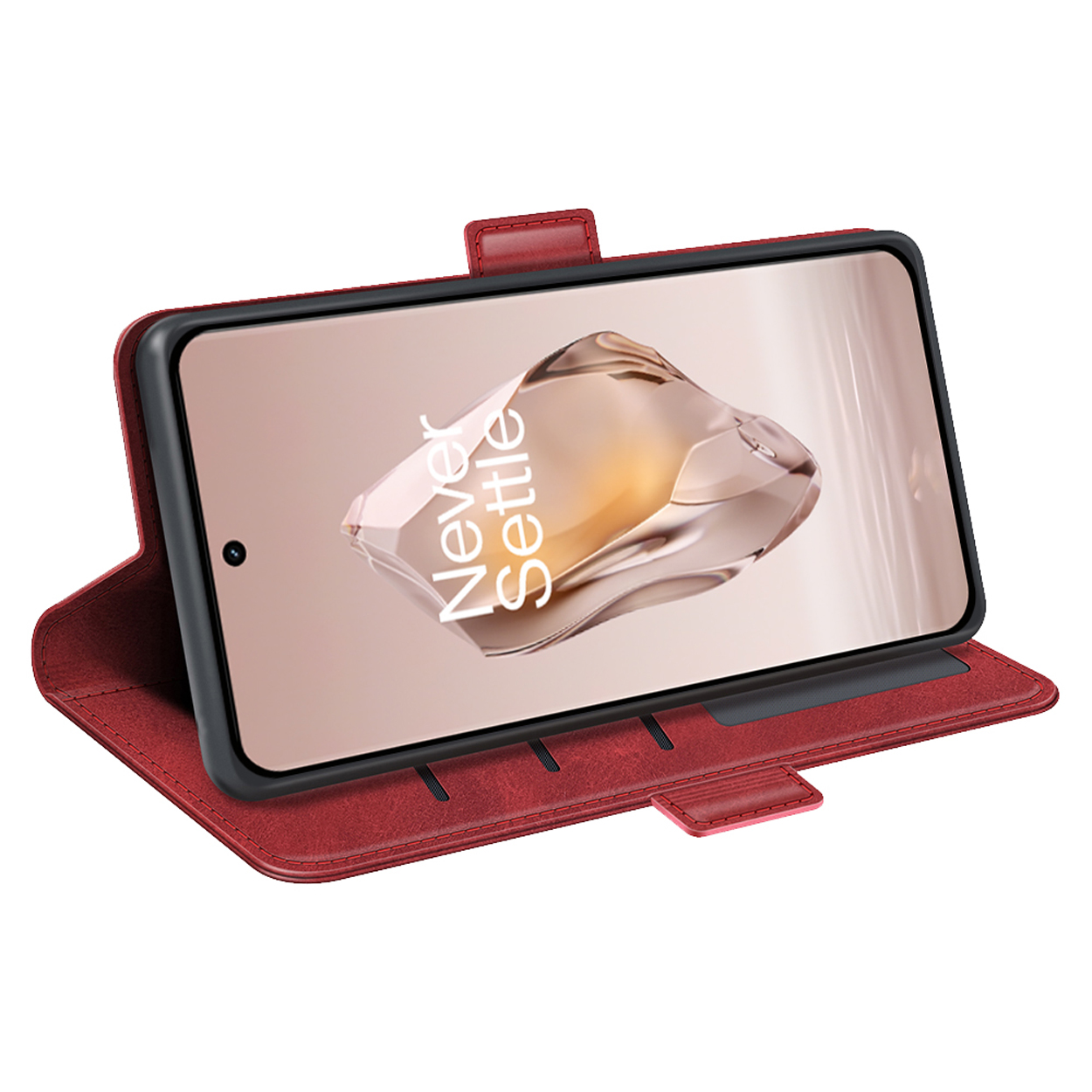 Étui de téléphone rouge ouvert, affichant un téléphone avec le texte 'Never Settle' sur l'écran.
