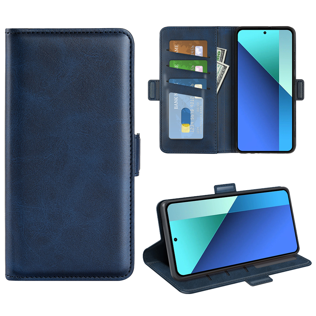 Blauwe telefoonhoes open, meerdere weergaven. Er zitten kaarten en contant geld in, en het telefoonscherm toont een blauwe gradiënt.