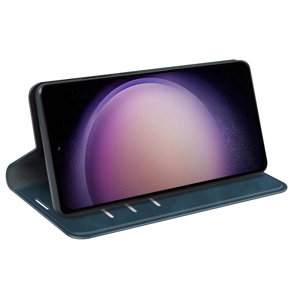 Étui de téléphone bleu ouvert avec un téléphone à l'intérieur.