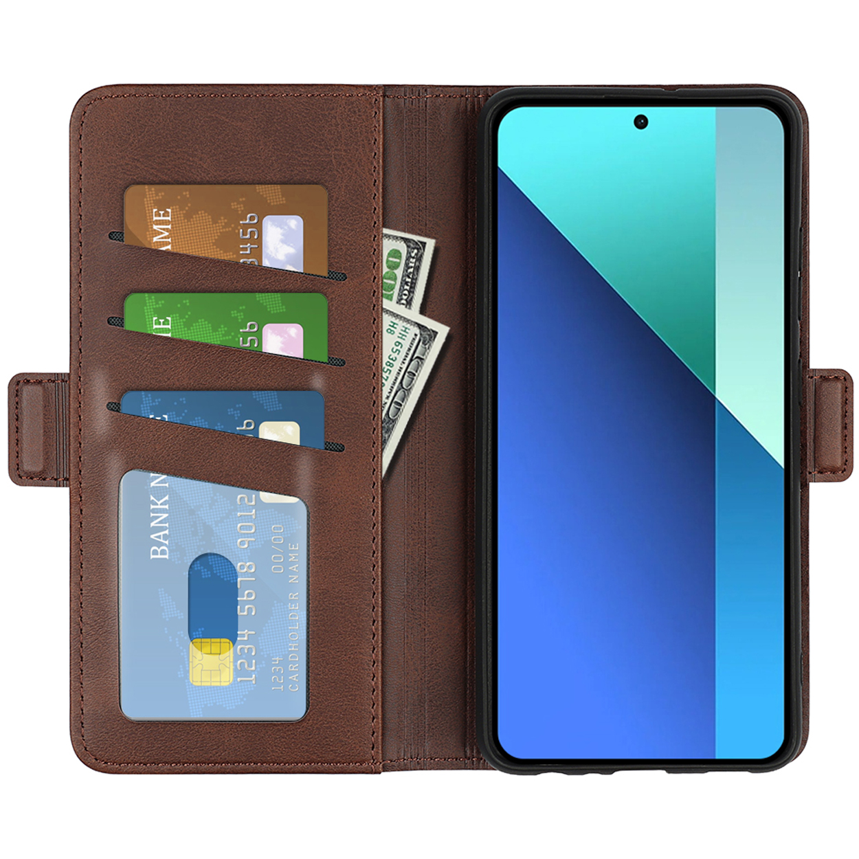 Étui portefeuille en cuir marron ouvert. À l'intérieur se trouvent un téléphone, des cartes de crédit et des billets de dollar US.