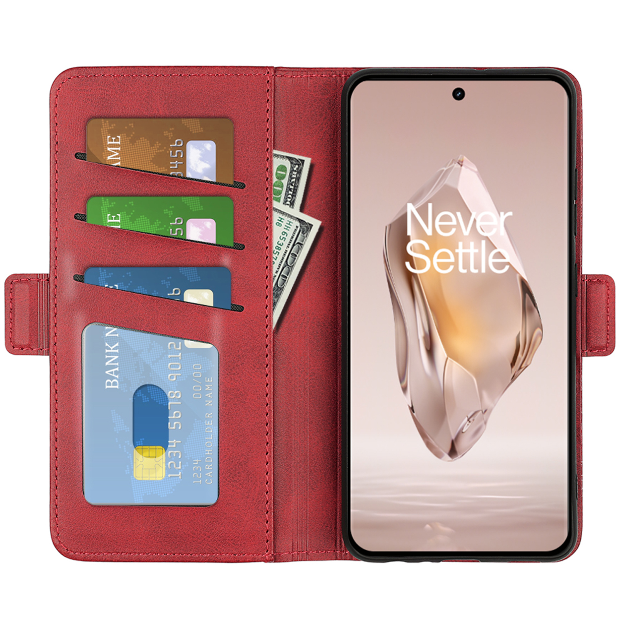Coque de téléphone rouge, ouverte, avec cartes, argent et téléphone avec image. Intérieur rouge.