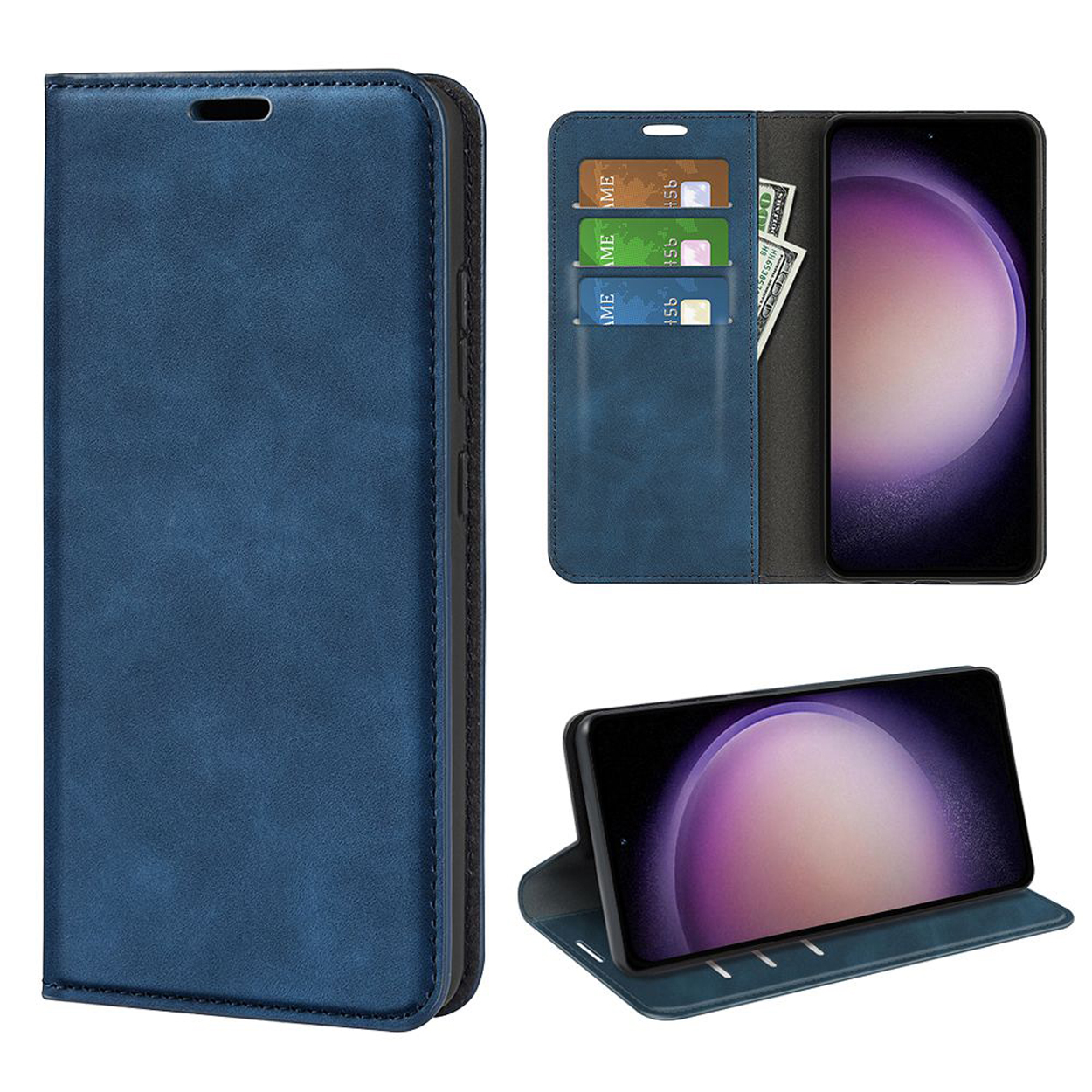 Étui de téléphone bleu avec cartes et argent. Téléphone dans l'étui présenté à différents endroits.
