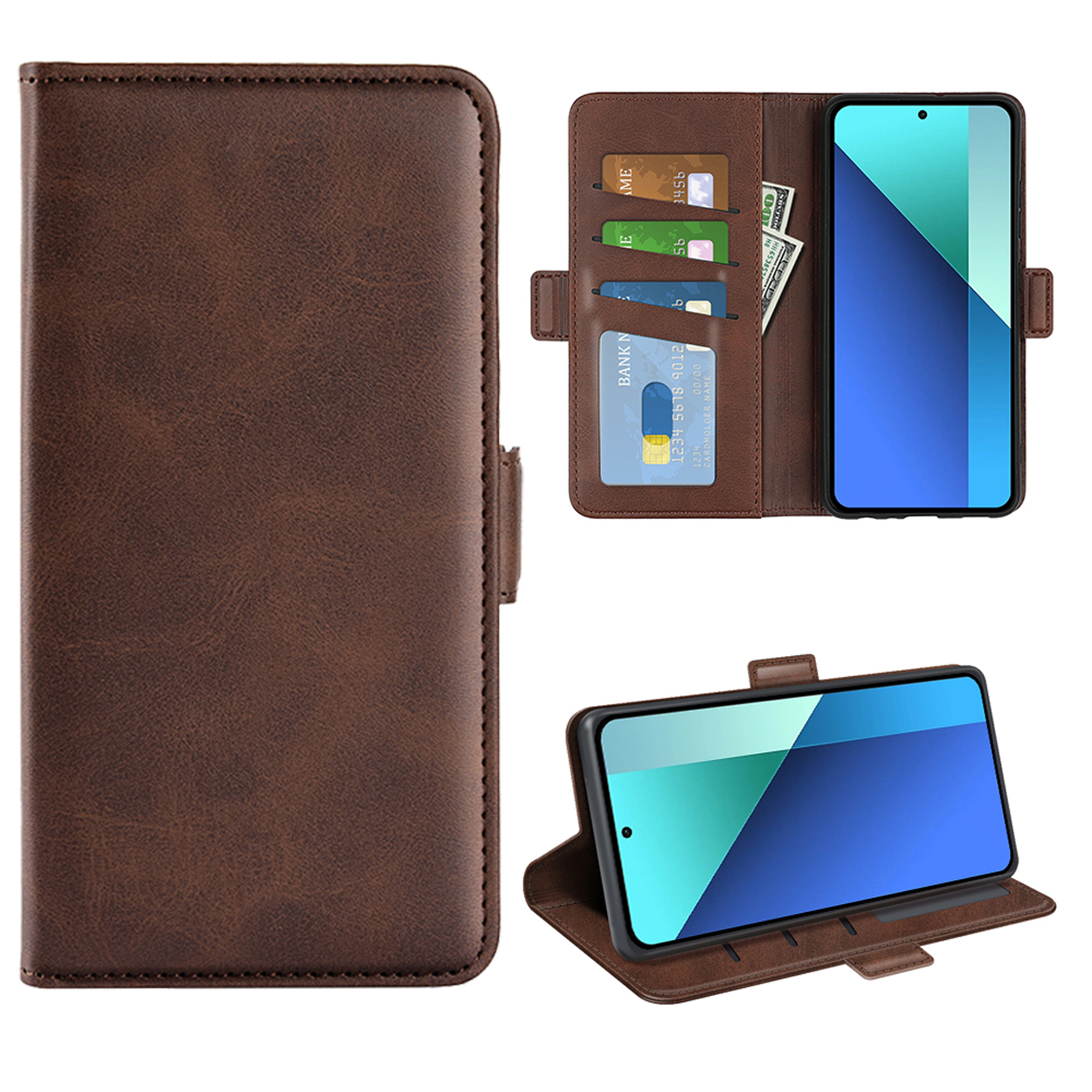 Étui de téléphone marron de style portefeuille. Cartes et argent dans l'étui. Un téléphone est également montré.