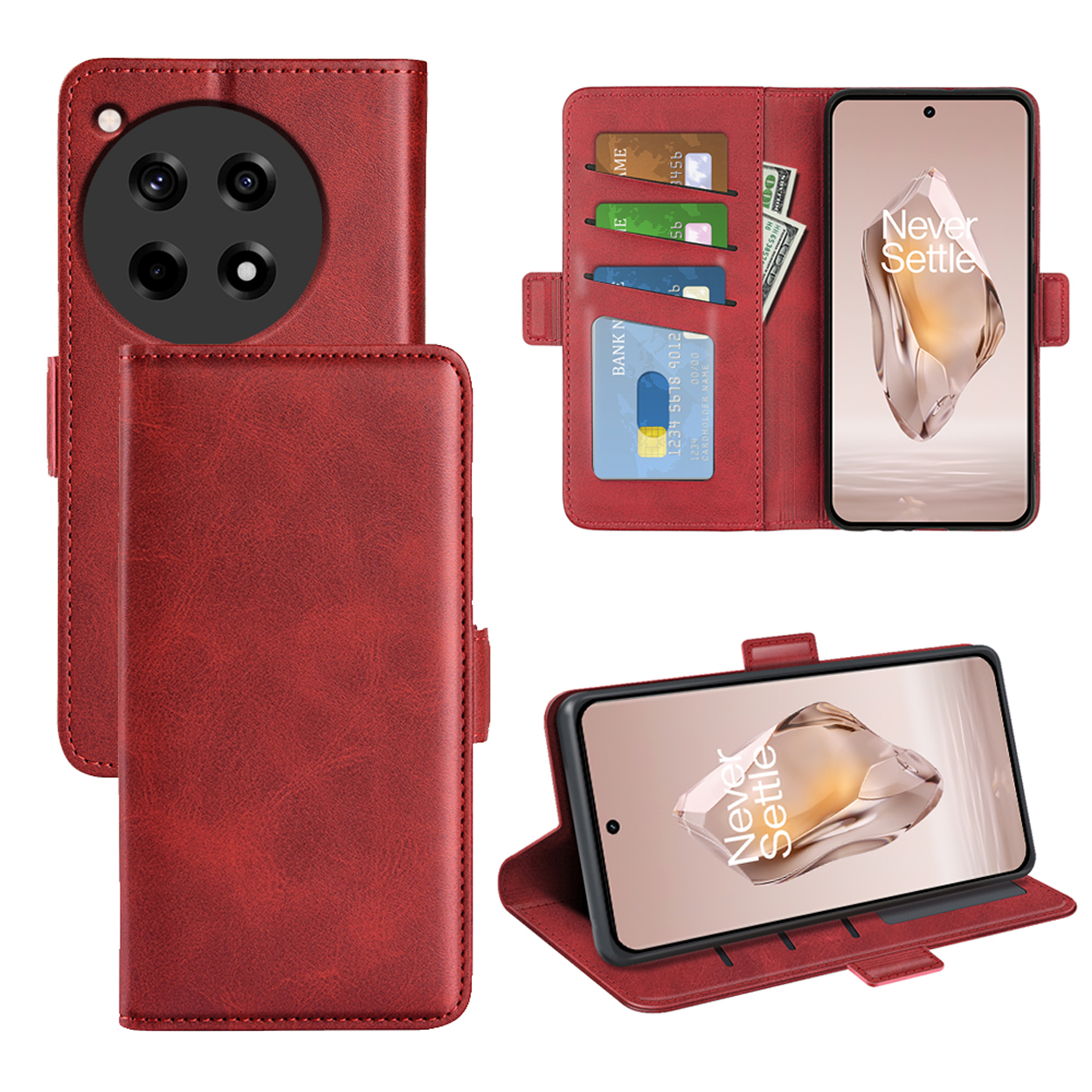 Un étui de téléphone rouge est montré sous plusieurs vues, y compris ouvert avec des cartes et de l'argent, et un téléphone.