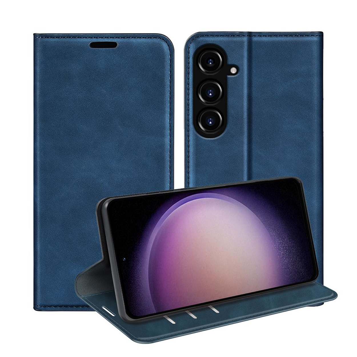 Coque bleue ouverte montrant un téléphone. Fond blanc.