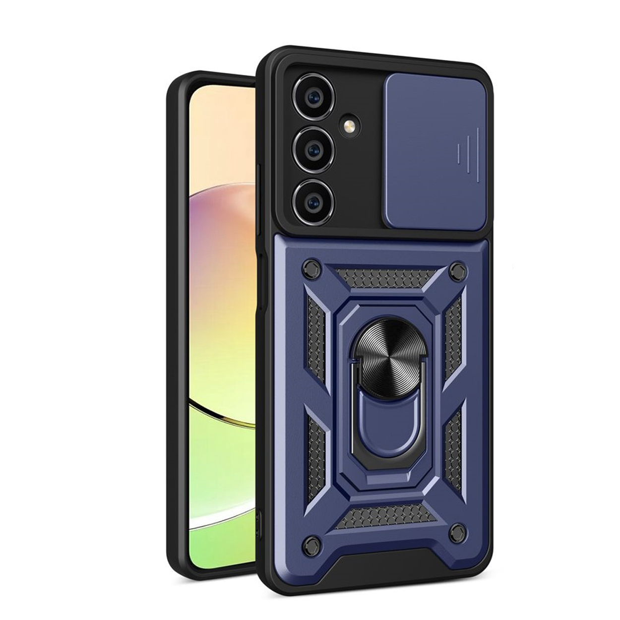 Blauwe en zwarte telefoonhoes met een camerahoes, ringhouder en een telefoon erin.