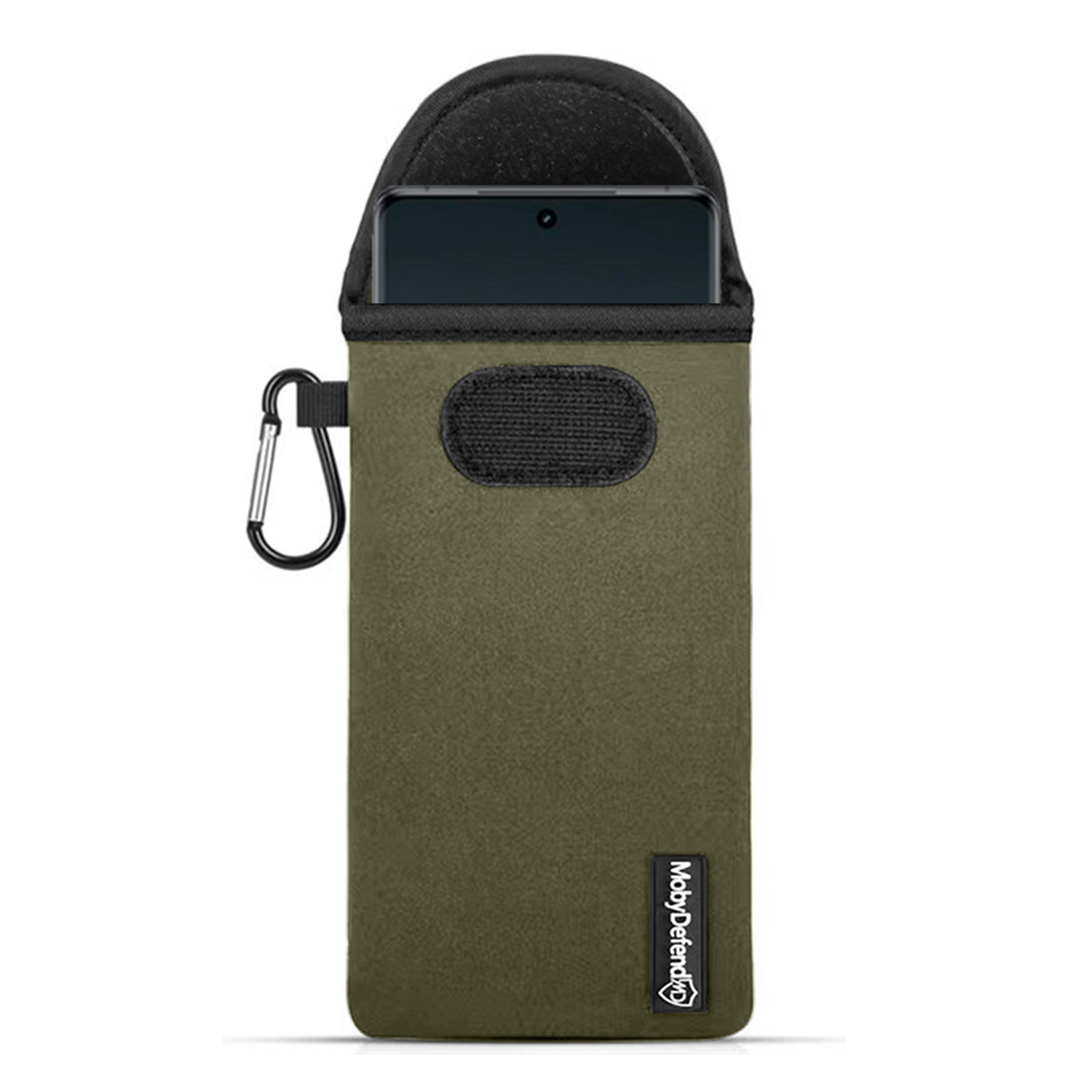 Groene telefoonhoes met een telefoon erin, met een karabijnhaak.