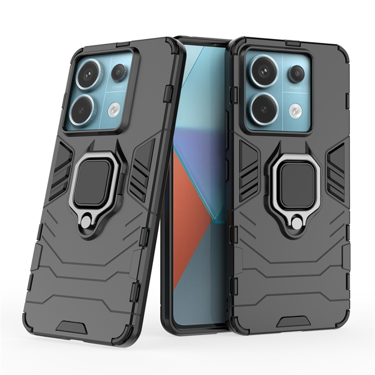 Twee grijze telefoonhoesjes. Eén heeft een ringstandaard. Telefoon zit in het hoesje rechts.