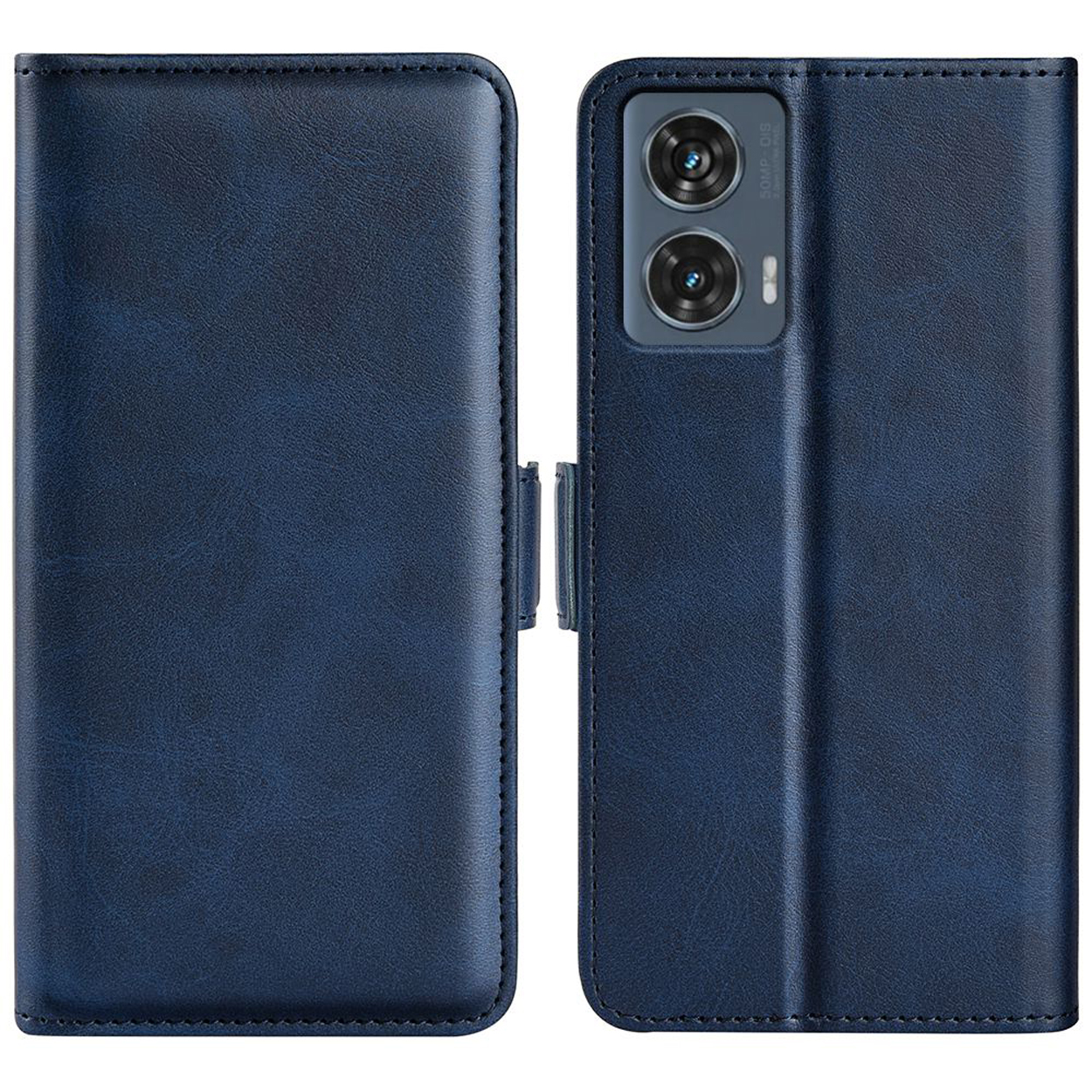 Étui de téléphone bleu ouvert avec un téléphone à l'intérieur.