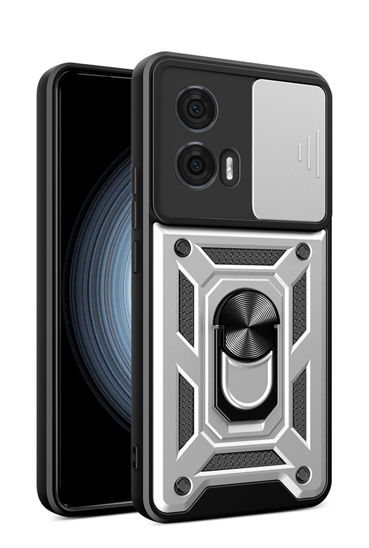Zwarte en zilveren telefoonhoes met cameralenscover, ringhouder en telefoon.