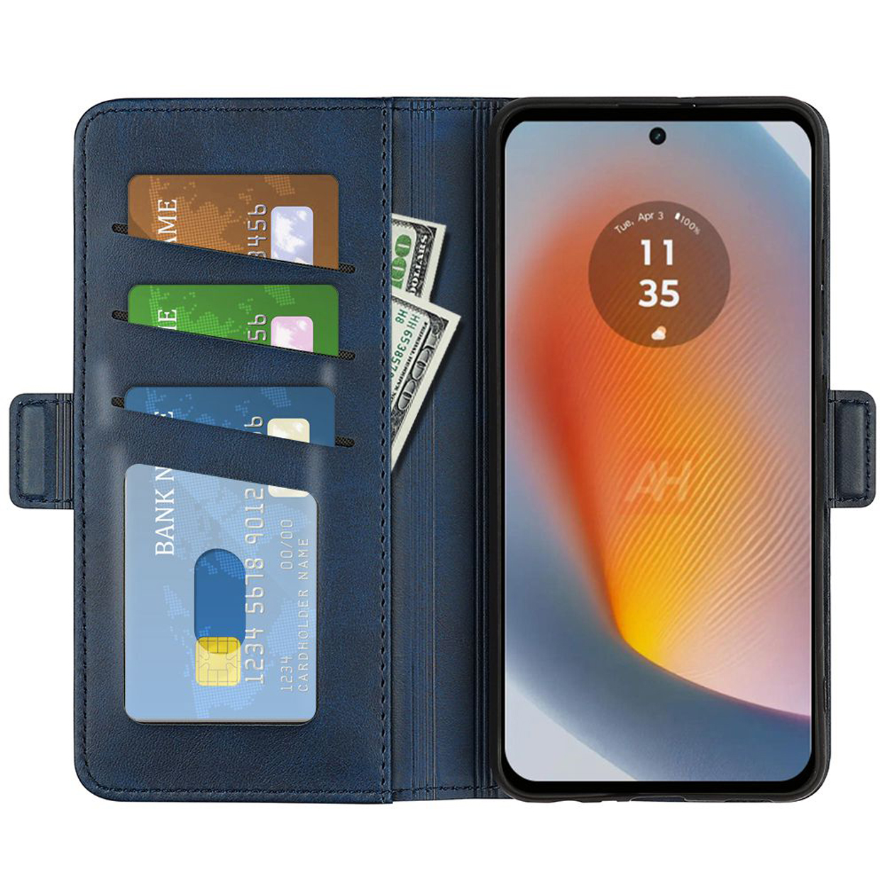 Étui de téléphone bleu ouvert montrant un téléphone, des cartes et de l'argent. Le téléphone affiche l'heure et la batterie.