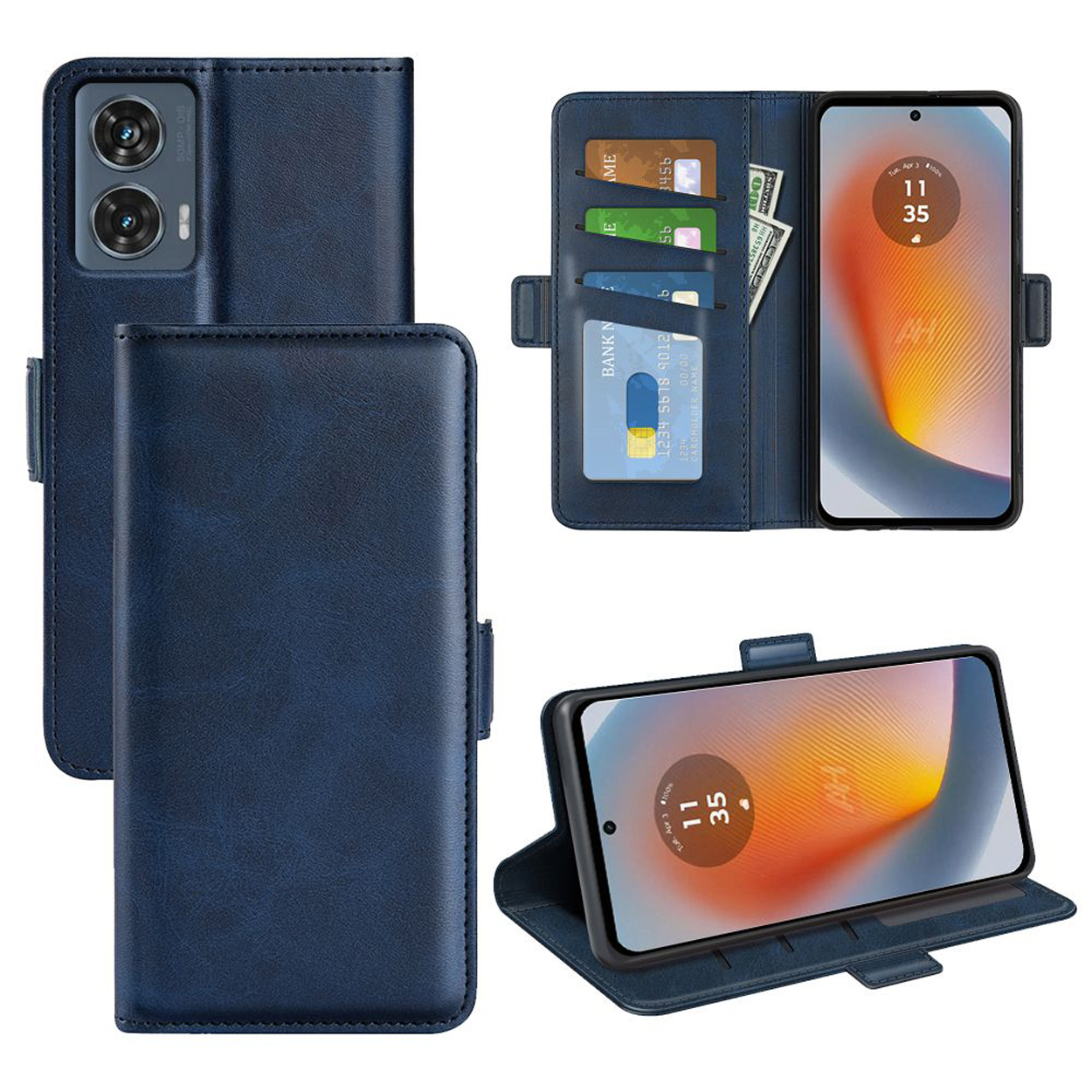 Étui de téléphone bleu ouvert, révélant cartes, argent et téléphone affichant heure/date.