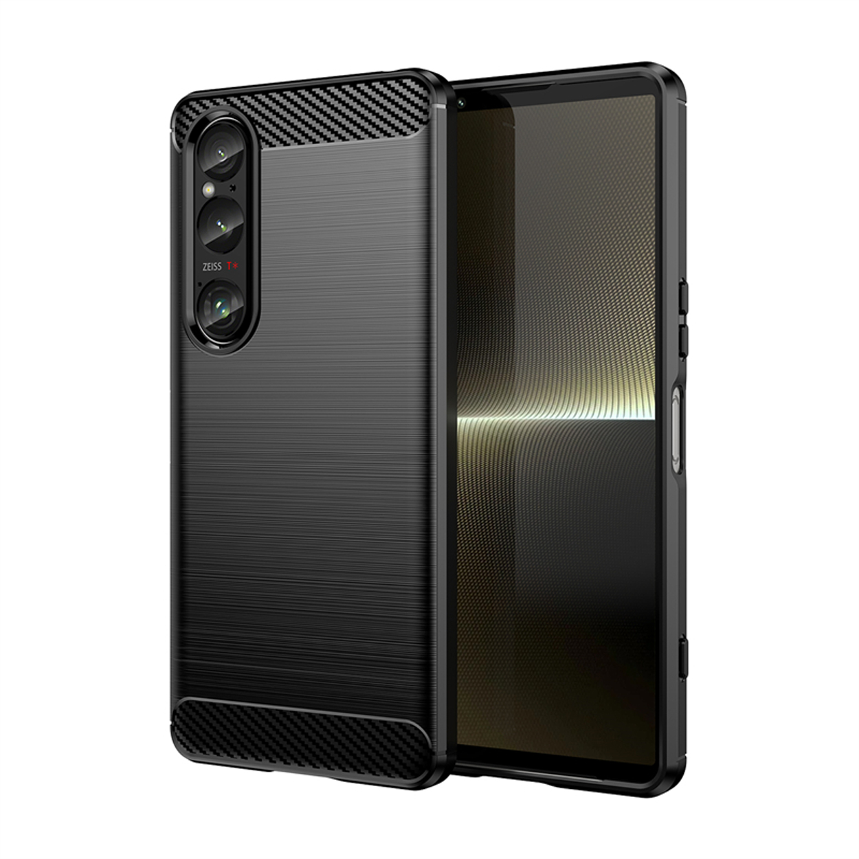 Zwart telefoonhoesje met een getextureerde achterkant, met een telefoonscherm. De hoes heeft drie cameralenzen.