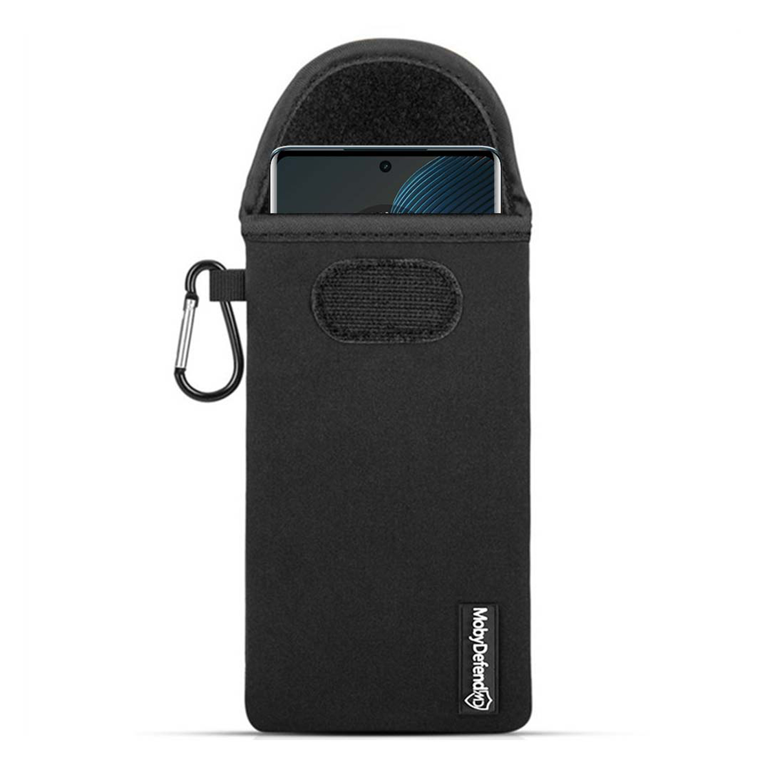 Un étui de téléphone noir avec un clip. Un téléphone est à l'intérieur de l'étui.