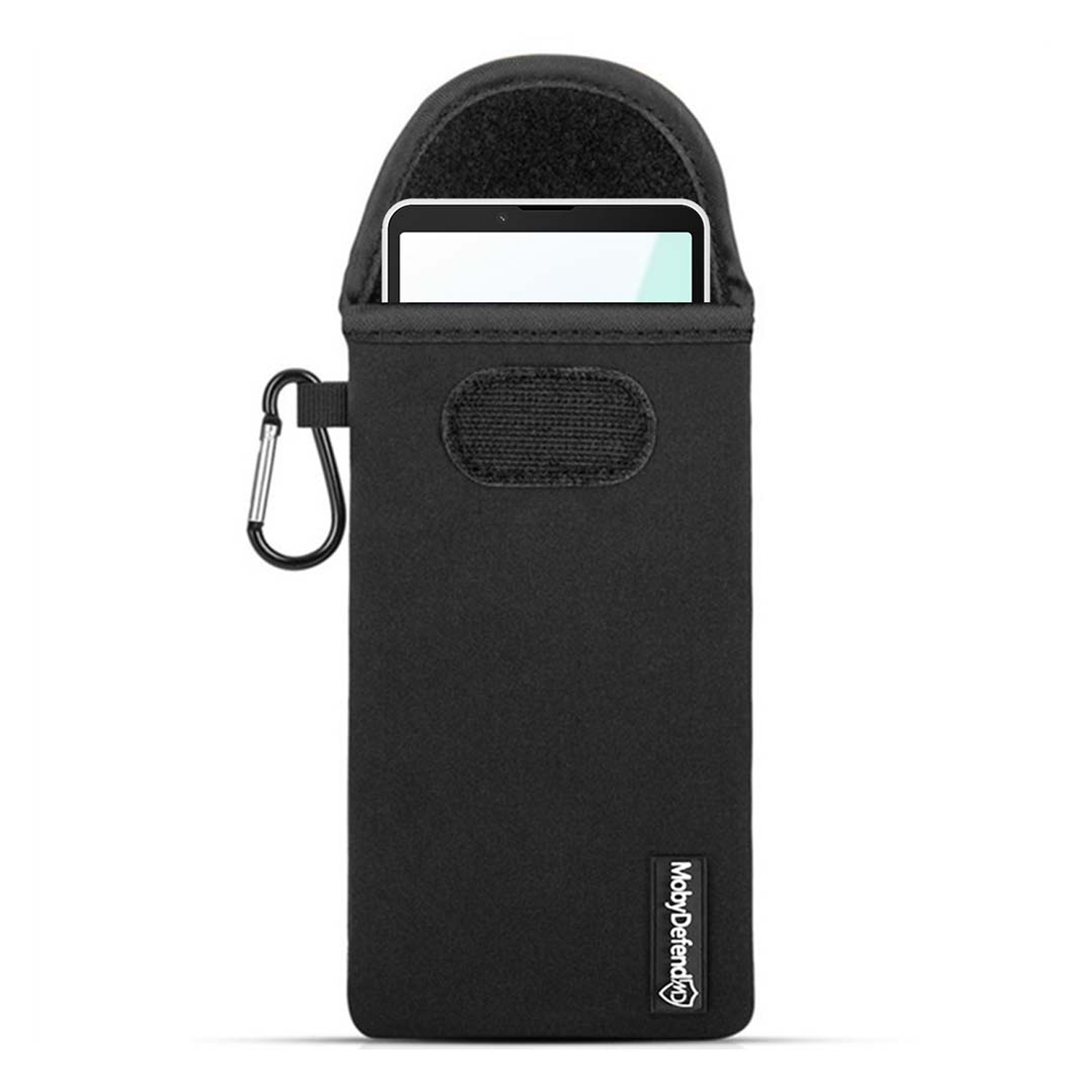 Zwarte telefoonsleeve met karabijnhaak. Telefoon is gedeeltelijk zichtbaar.