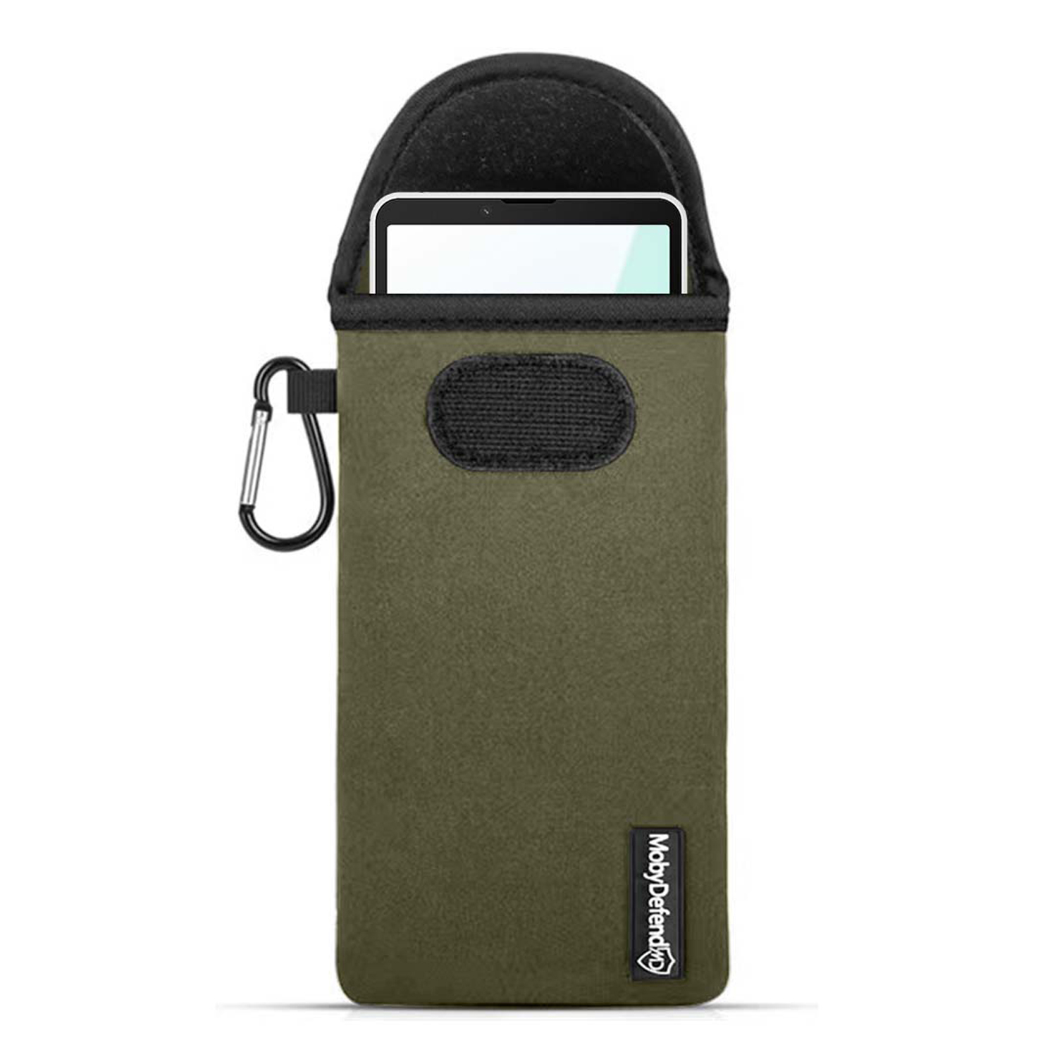 Olijfgroene telefoonhoes met zwarte bovenkant, zwarte karabijnhaak en telefoon erin.
