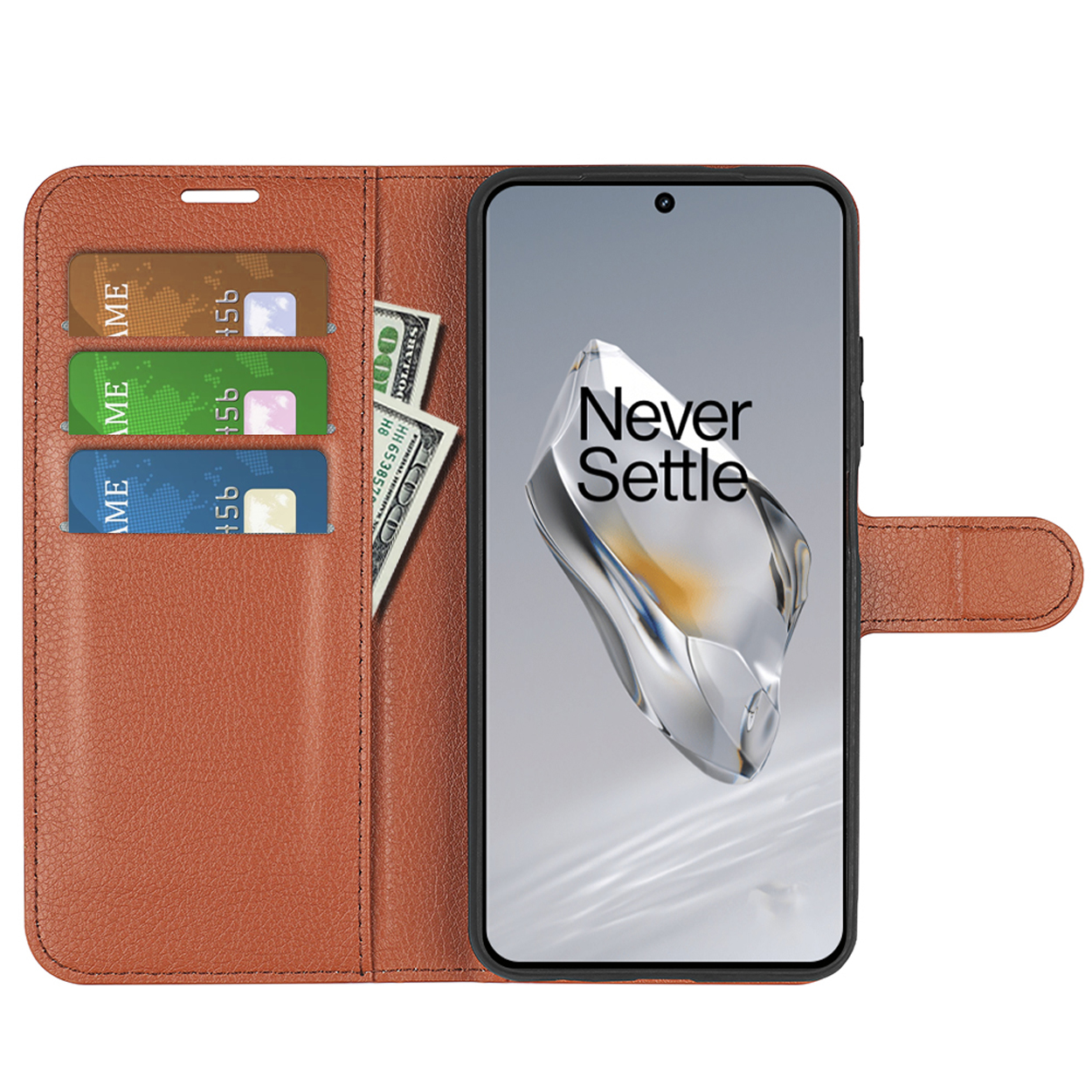 Braune Leder-Handyhülle mit Kartenfächern, Geld und einem Telefon mit Bildschirm.