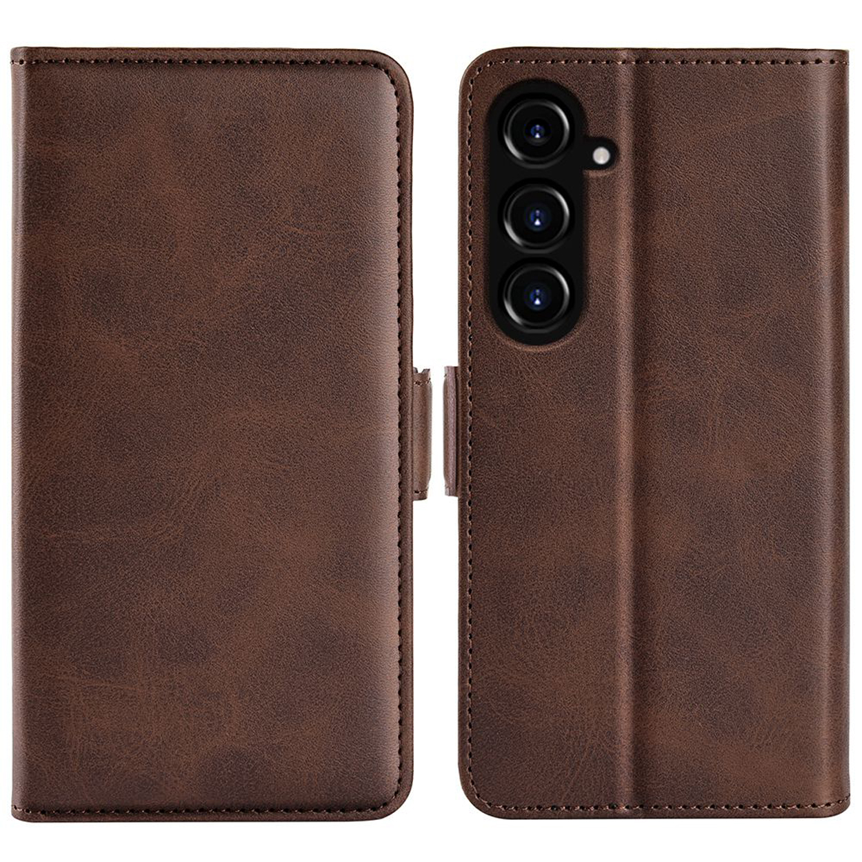 Un étui de téléphone en cuir marron fermé. L'étui a une caméra et un téléphone.