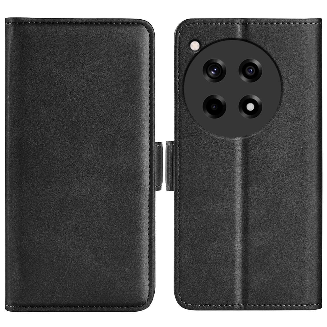 Étui de téléphone en cuir noir, fermé et ouvert montrant téléphone et appareils photo.