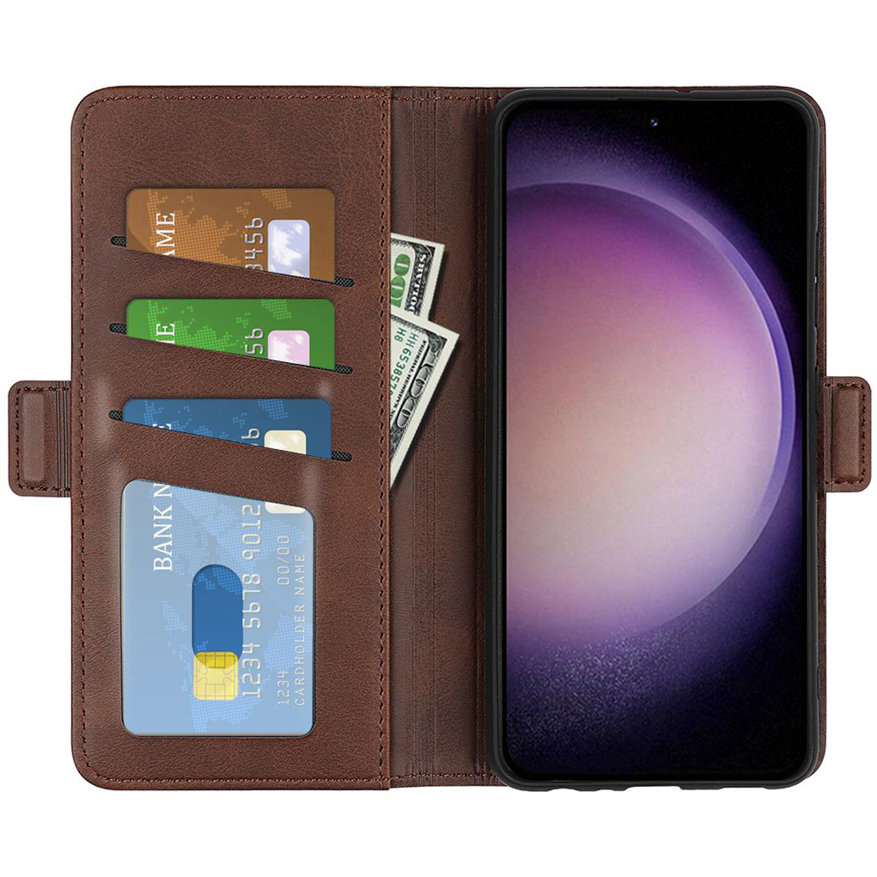 Étui en cuir marron avec fentes pour cartes, argent et écran de téléphone.