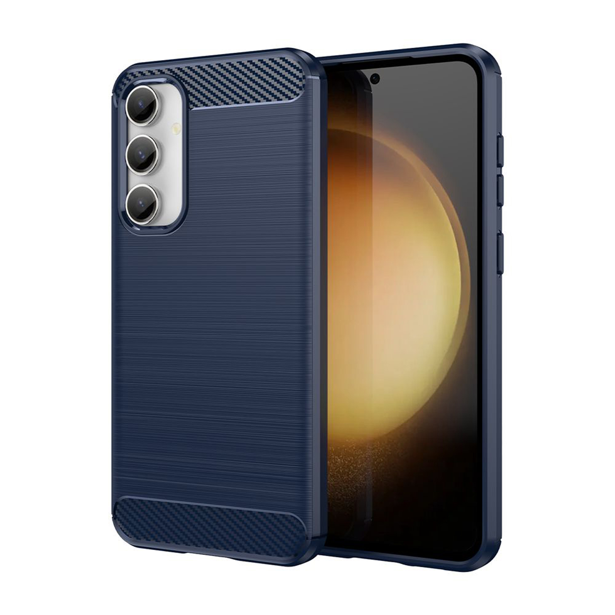 Coque de téléphone bleue avec texture fibre de carbone et téléphone à l'intérieur.