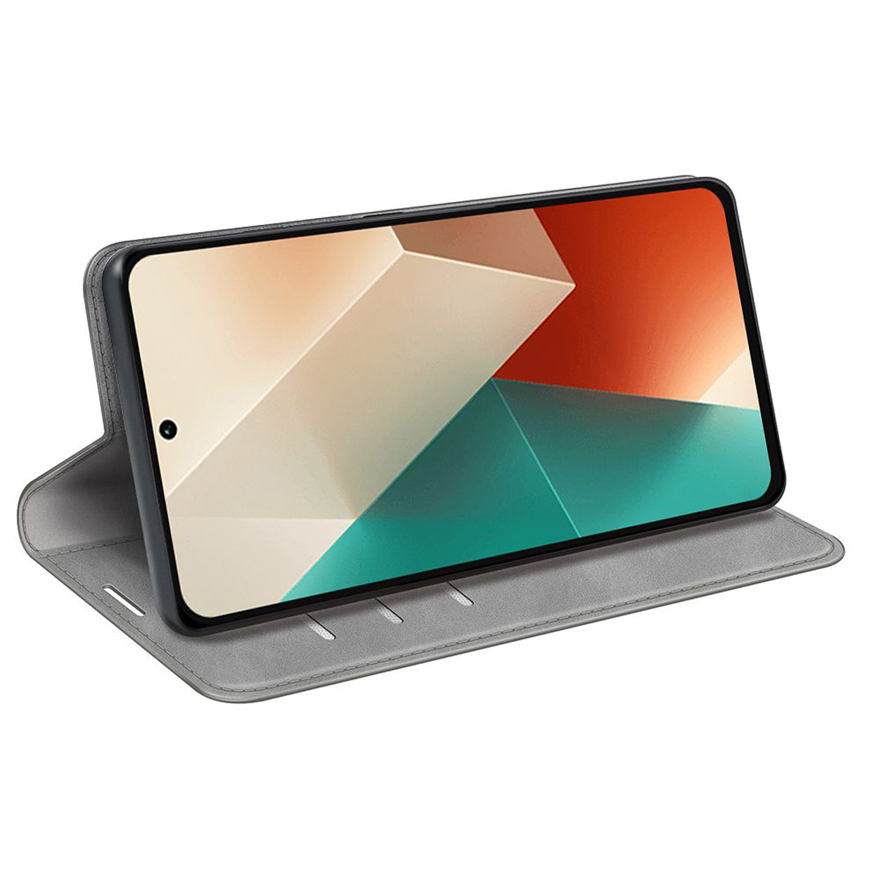 Een grijze telefoonhoes is open, met een telefoon erin. Het telefoonscherm toont een afbeelding.