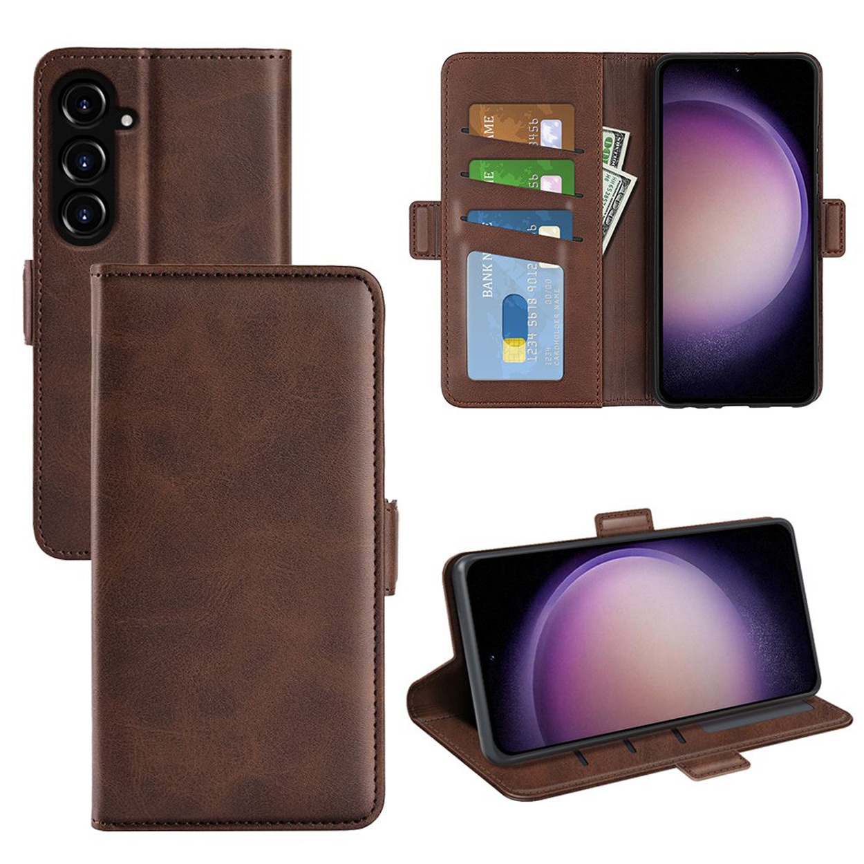 Étui de téléphone marron de style portefeuille. Montre des cartes, de l'argent et un téléphone à l'intérieur de l'étui.
