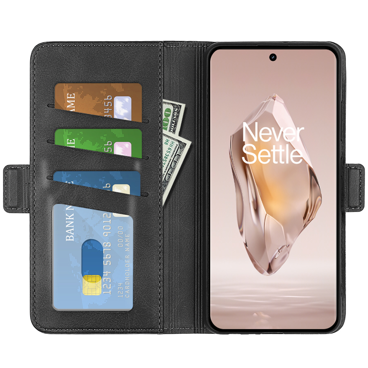 Étui de téléphone noir avec cartes et un téléphone. Le téléphone affiche 'Never Settle'. De l'argent dans la poche.