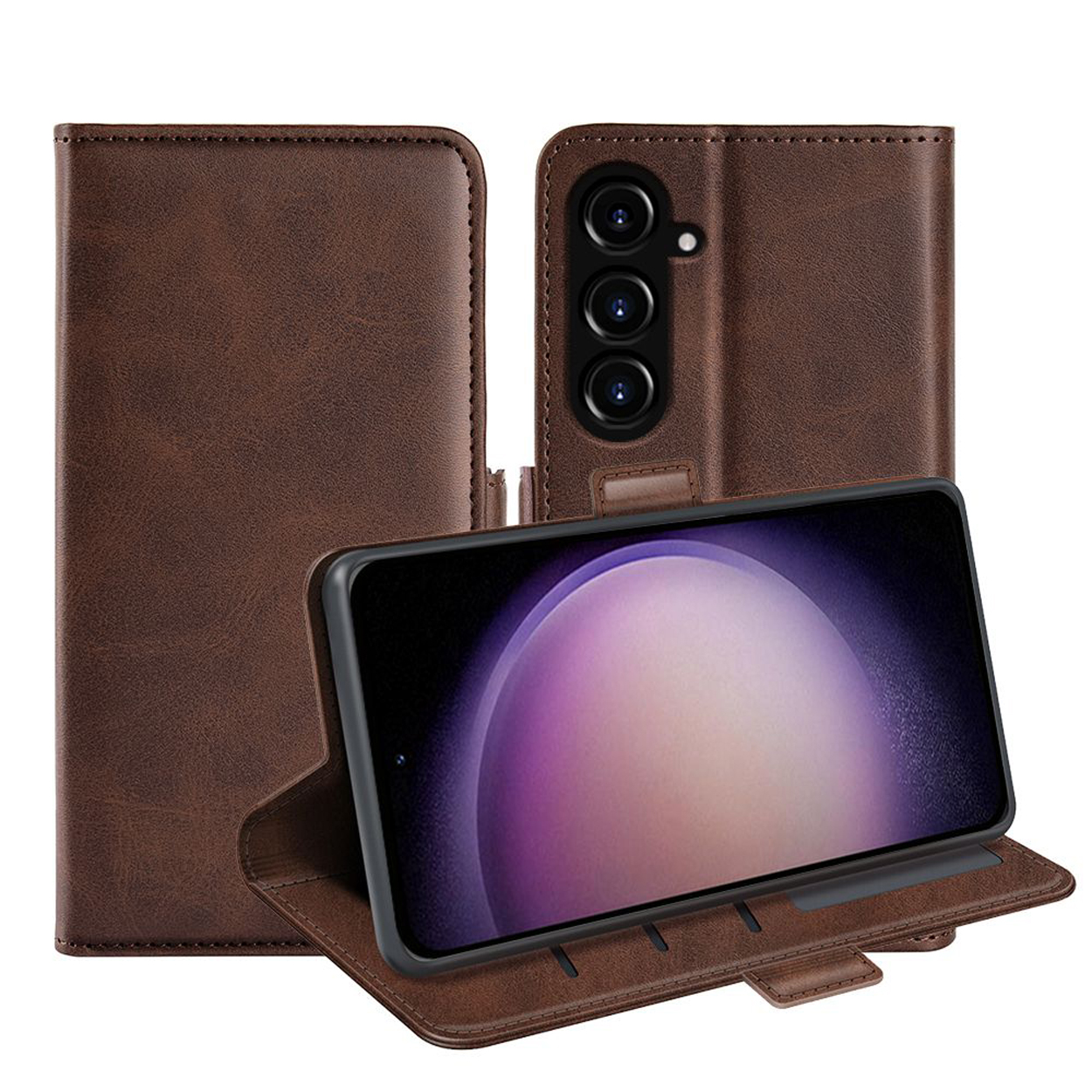 Étui de téléphone marron avec un téléphone à l'intérieur. Le téléphone affiche un écran.