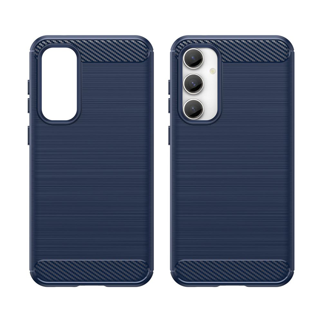 Deux coques de téléphone, bleues avec texture fibre de carbone. Une ouverte, une fermée, montrant l'arrière.