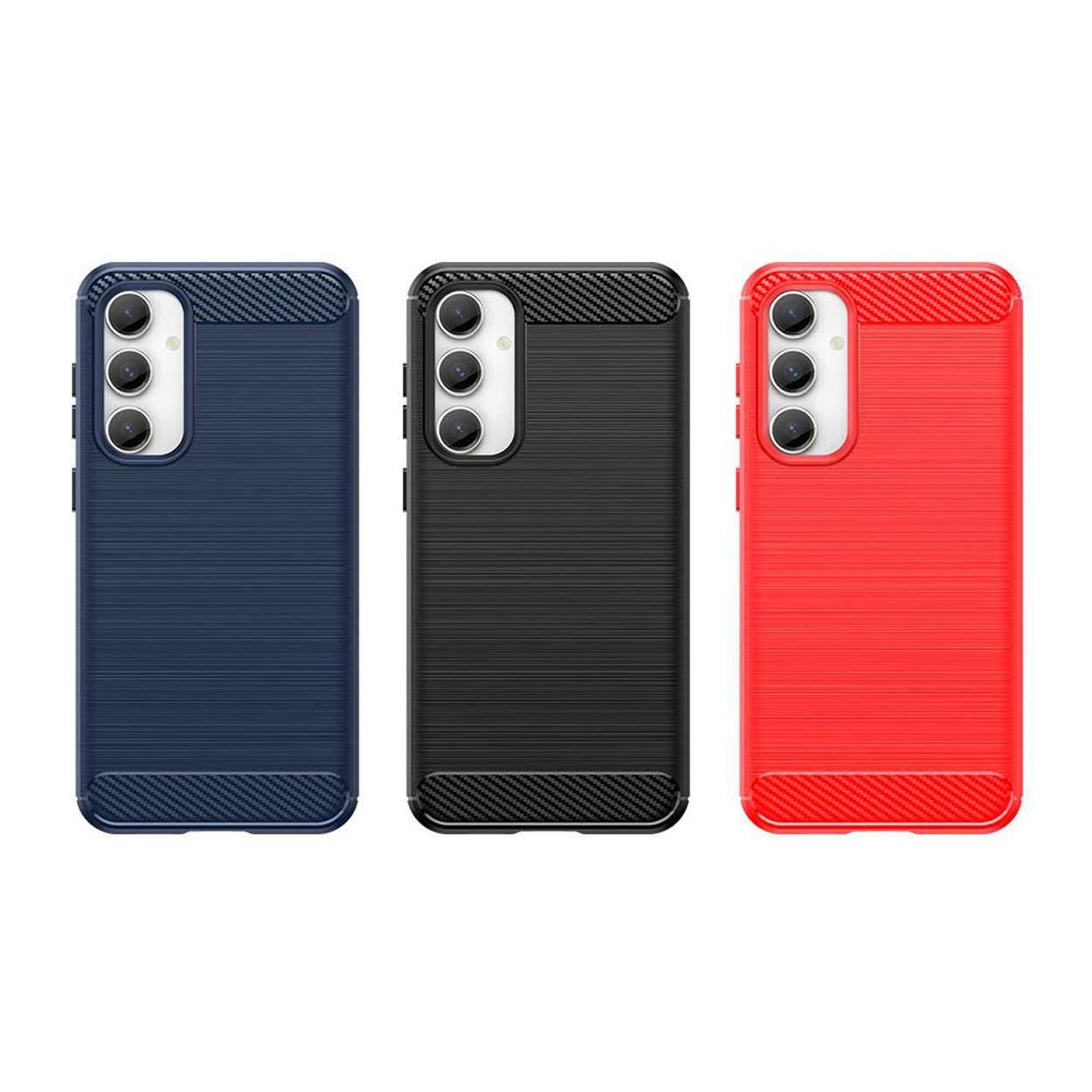 Drie telefoonhoesjes in blauw, zwart en rood, met een koolstofvezeltextuurontwerp.