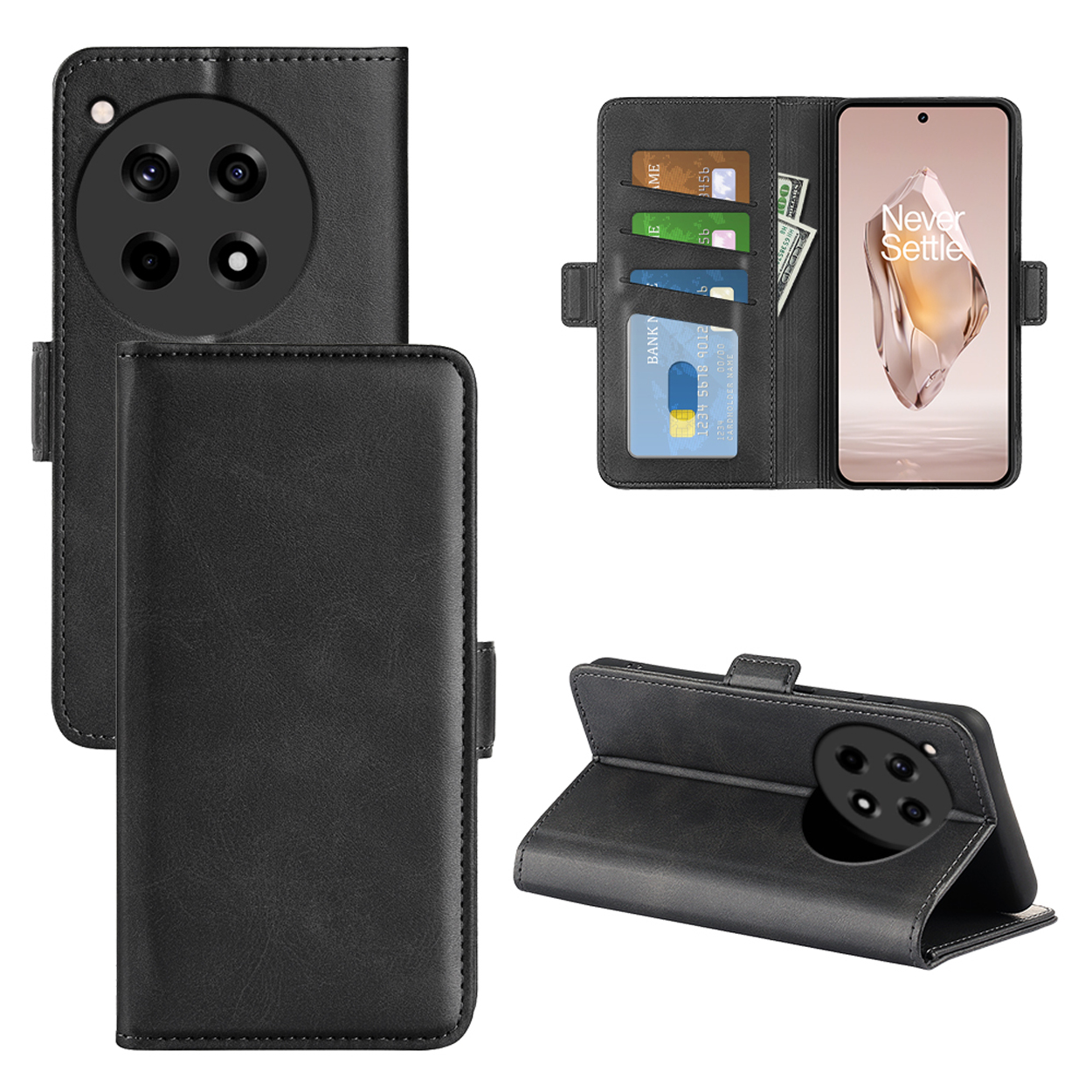 Étui de téléphone noir avec design portefeuille, contenant un téléphone, des cartes et de l'argent. Couvercle pliant.
