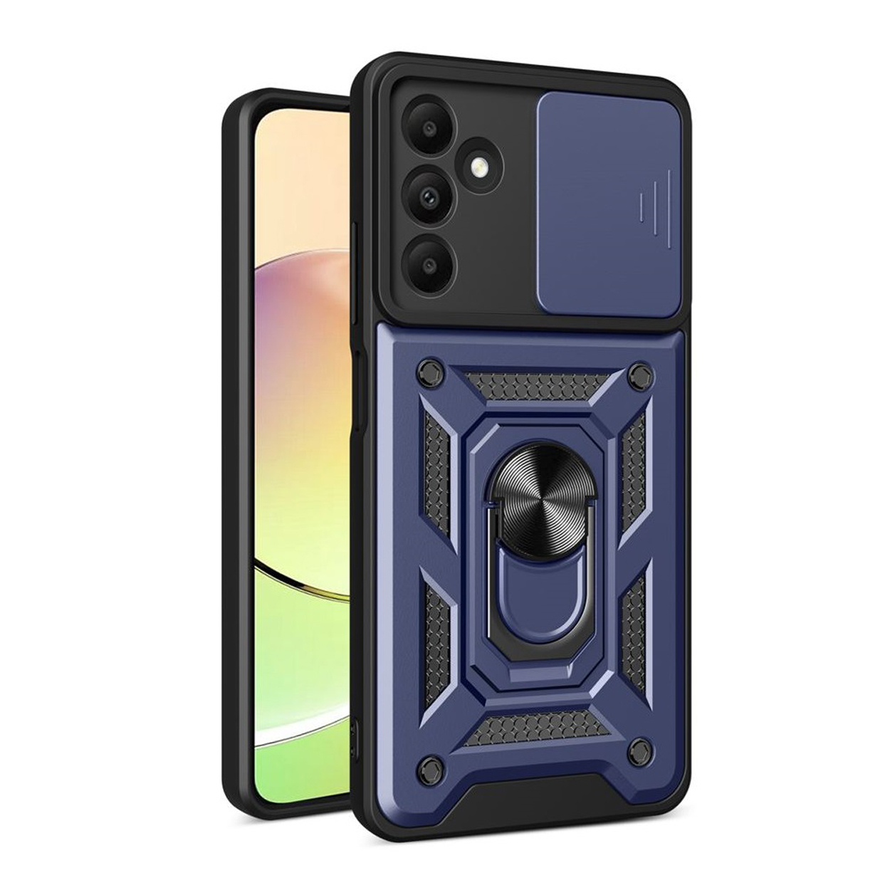 Blauw en zwart telefoonhoesje met een ringstandaard en cameralensafdekking. Telefoon erin.