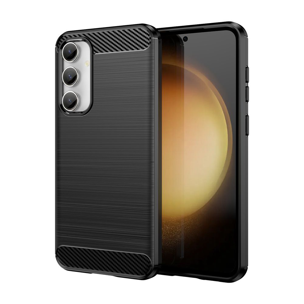 Zwarte telefoonhoes met getextureerde achterkant en camera-uitsparingen, op witte achtergrond.